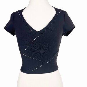 Athleta Women's Size XXS Black Cropped Short Sleeves Activewear Top Sheer Back